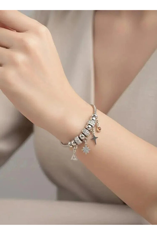 316L Tarnish-Free Steel Adjustable Zircon Stone Silver Color Star Charm Bracelet