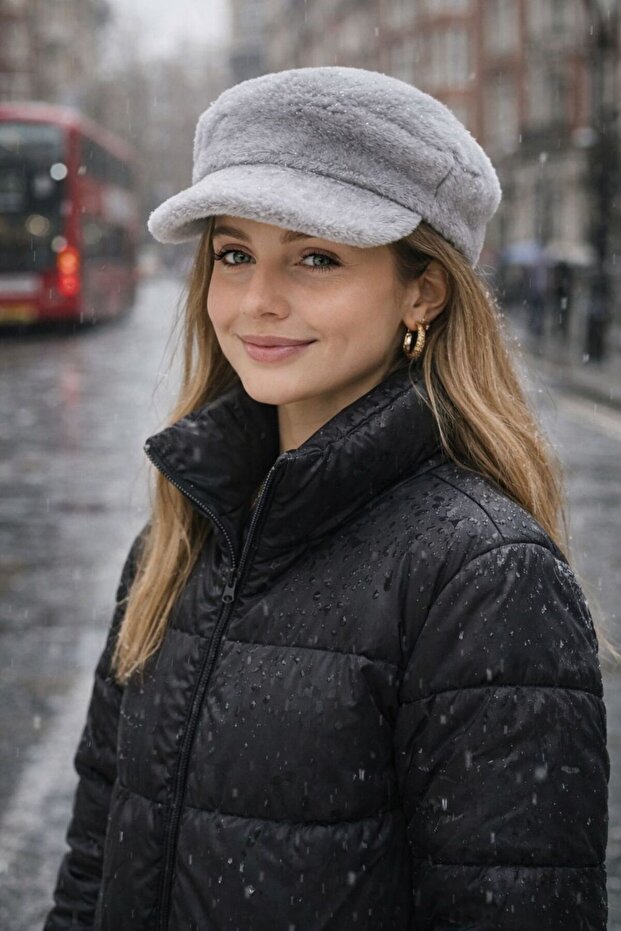 Gray Soft Textured Plush Cap Girl's Hat 10-18 Years Old
