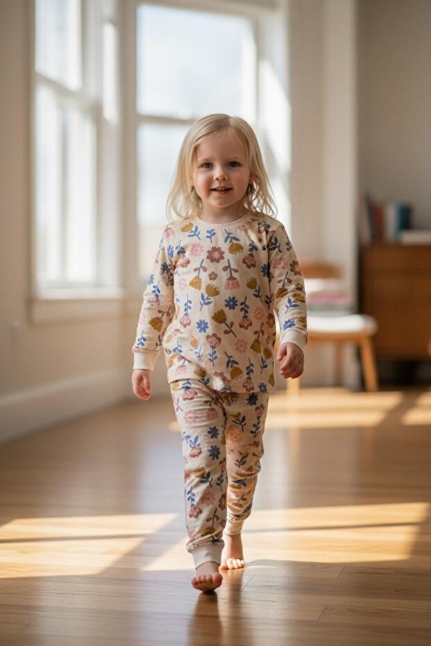 Flower Patterned 100% Cotton Single Jersey Fabric Long Sleeve Girls' Pajama Set