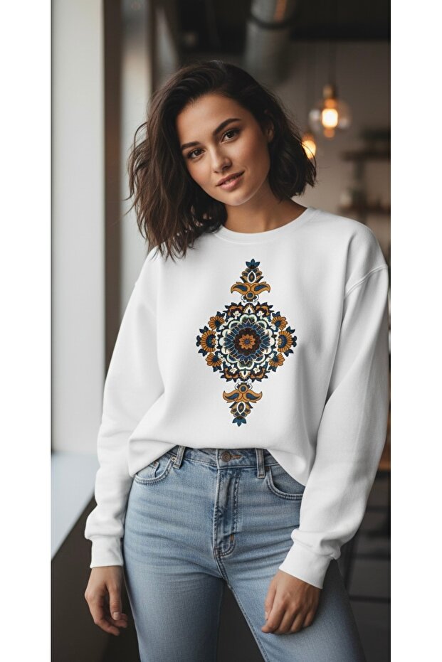 Unisex 0Versize 100% Cotton Ethnic Patterned Printed Sweatshirt
