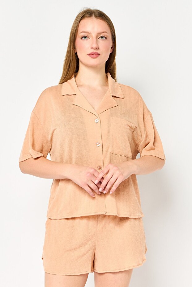 Women 2 Piece Textured Short Sleeve Pyjama And Shorts, Beige