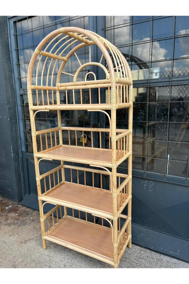 Doğal Rattan Detaylı Bohem Bambu Kitaplık - 2