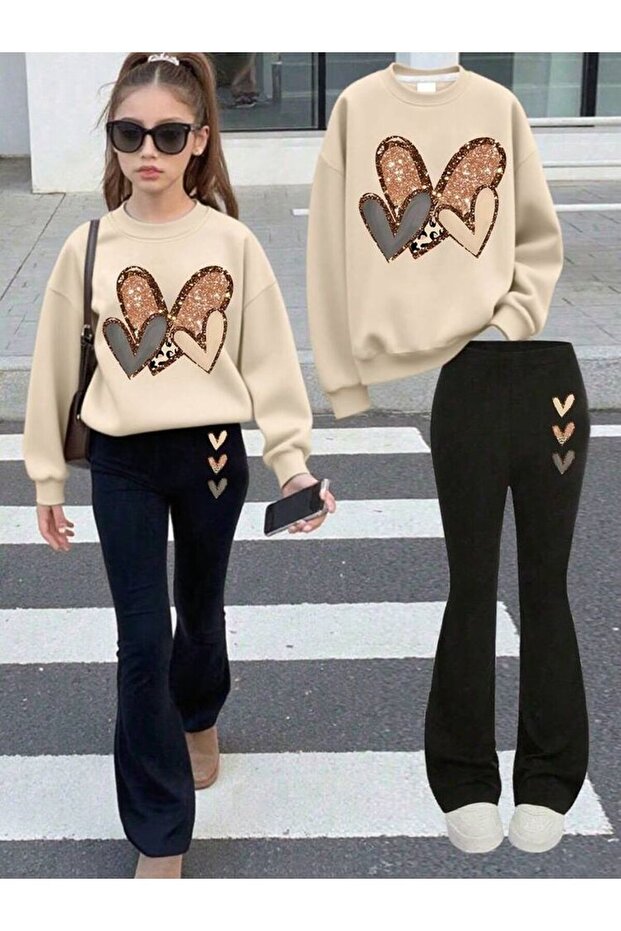 Alt Top 3 Heart مطبوع Top Beige Bottom Black Spanish Leggings