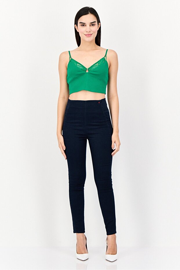 بنطلون جينز نسائي سادة بقصة عادية، لون كحلي - 3