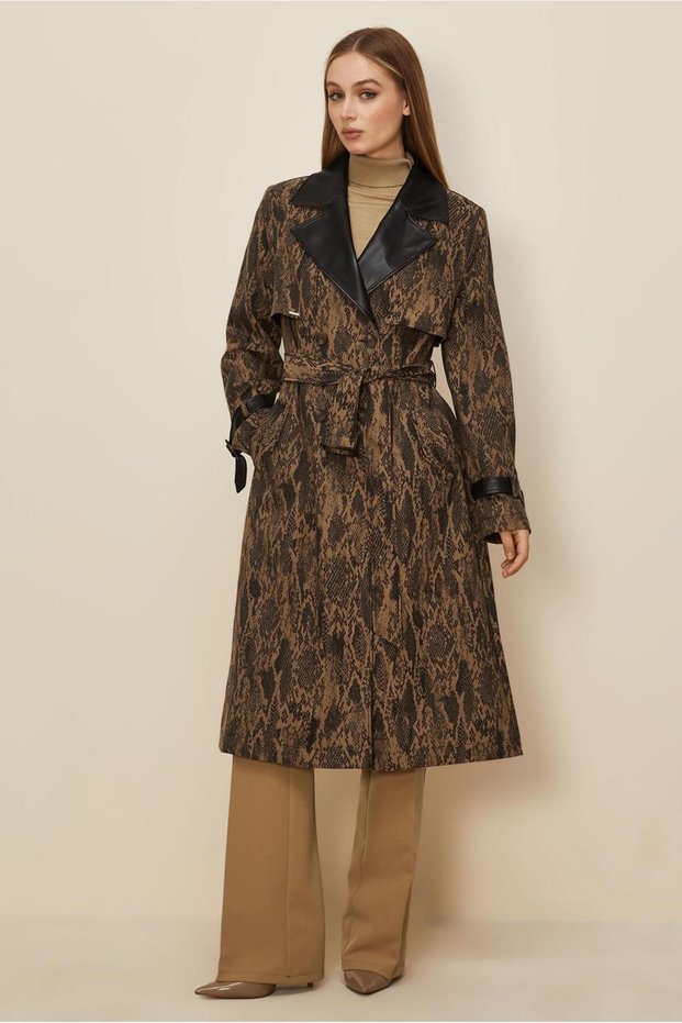 Leather Detail Trench Coat with Belt 10987