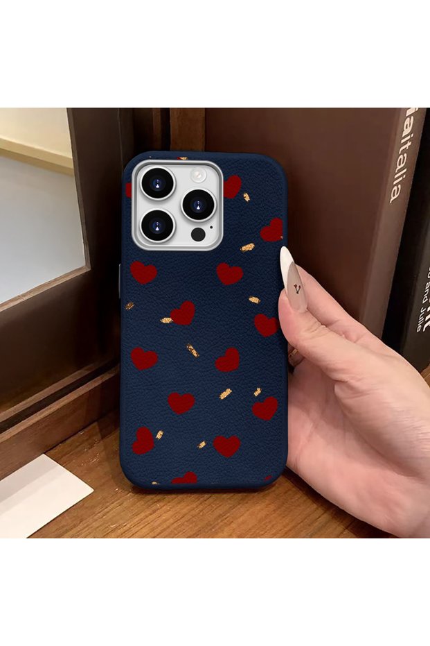 iPhone 15 Pro Compatible Blue Leather Textured Silicone Protects Camera Shock-Absorbing Case Heart