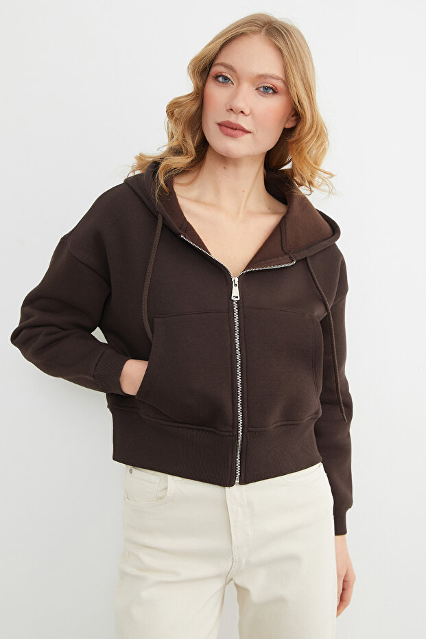 Basic Fermuarlı Kapüşonlu Crop Sweatshirt - 1