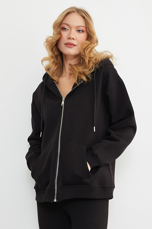 Basic Fermuarlı Kapüşonlu Oversize Sweatshirt - 6