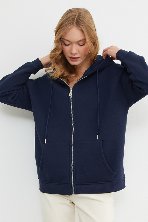 Basic Fermuarlı Kapüşonlu Oversize Sweatshirt - 6