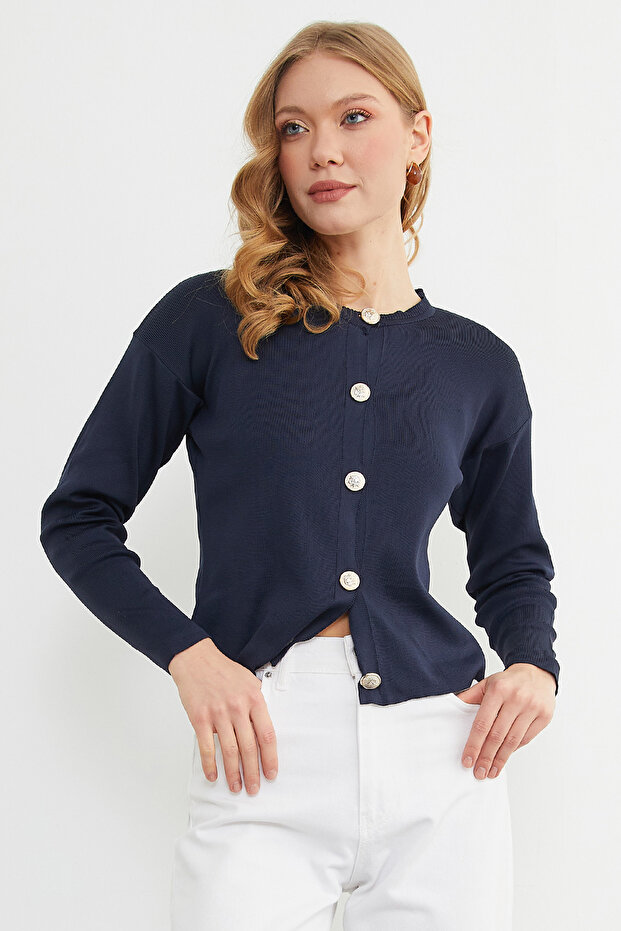 Basic Düğmeli Bisiklet Yaka Triko Hırka - 4