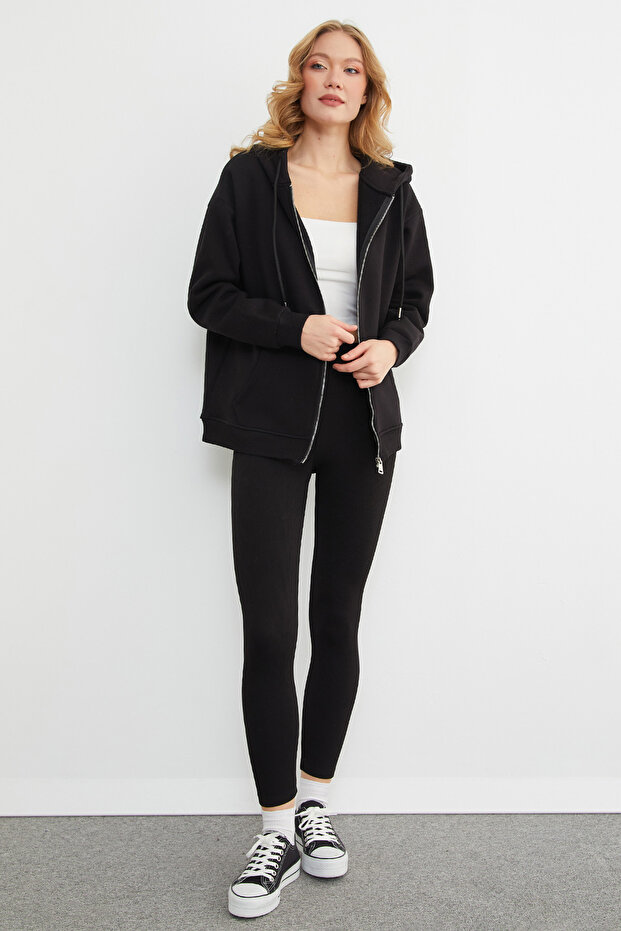 Basic Fermuarlı Kapüşonlu Oversize Sweatshirt - 2