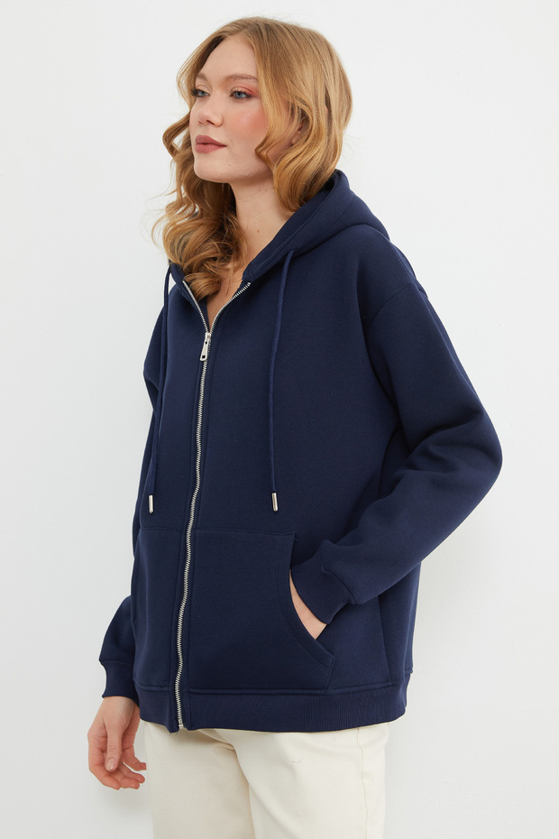 Basic Fermuarlı Kapüşonlu Oversize Sweatshirt - 7