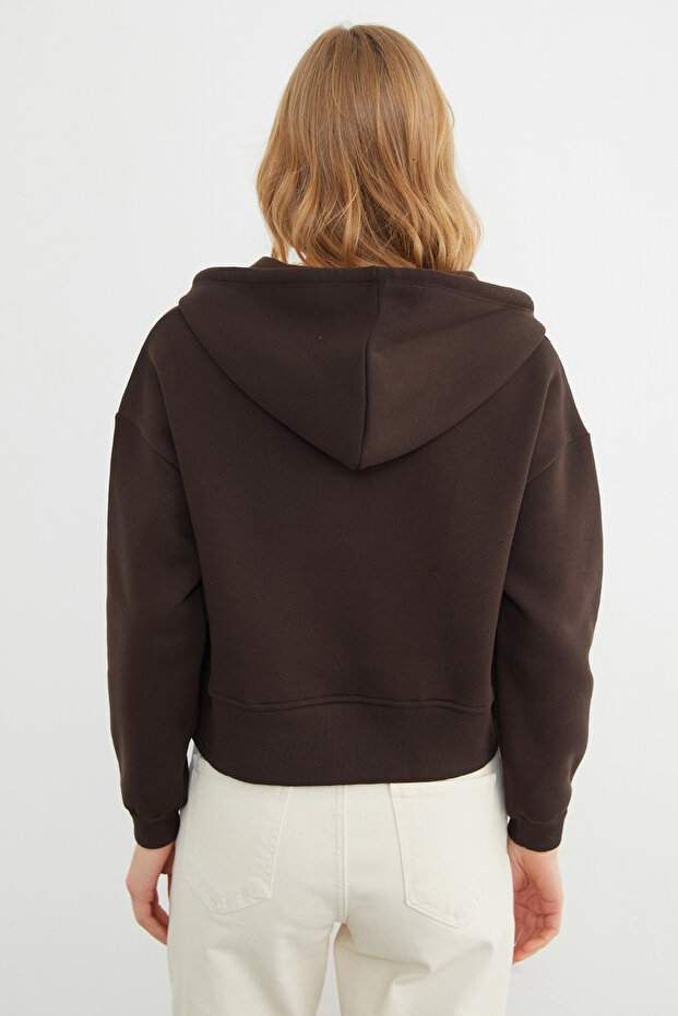 Basic Fermuarlı Kapüşonlu Crop Sweatshirt - 8