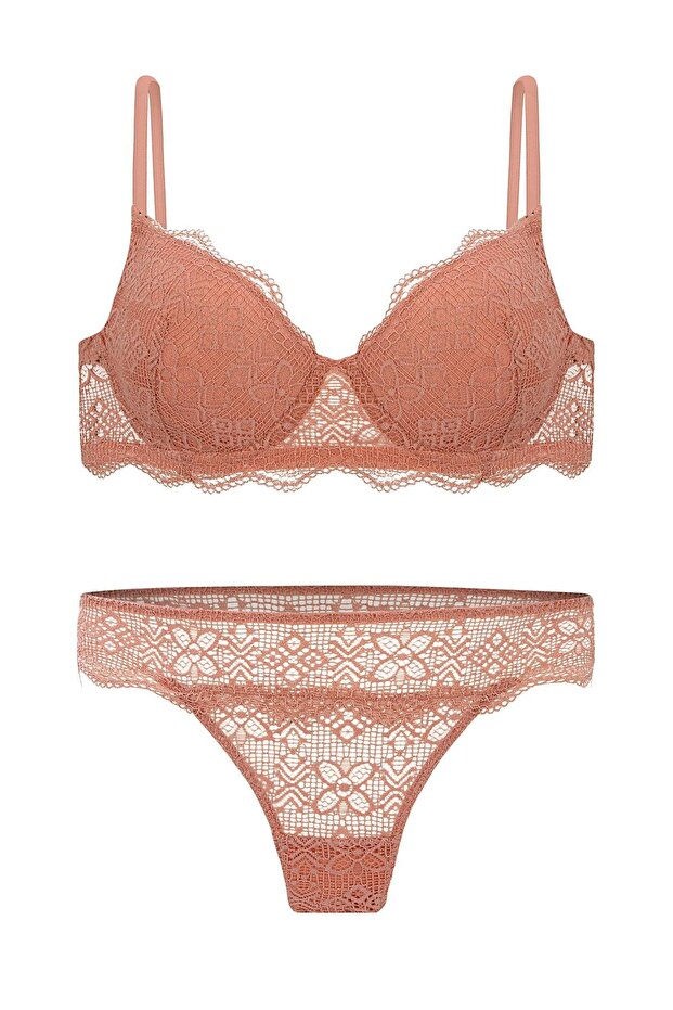 Anna 2736 Lace Low-Cut Bra and Panty Set - Unpadded Dusty Rose