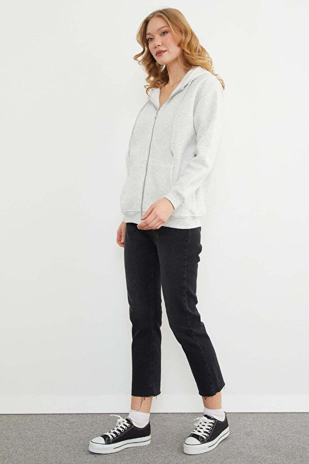Basic Fermuarlı Kapüşonlu Oversize Sweatshirt - 7