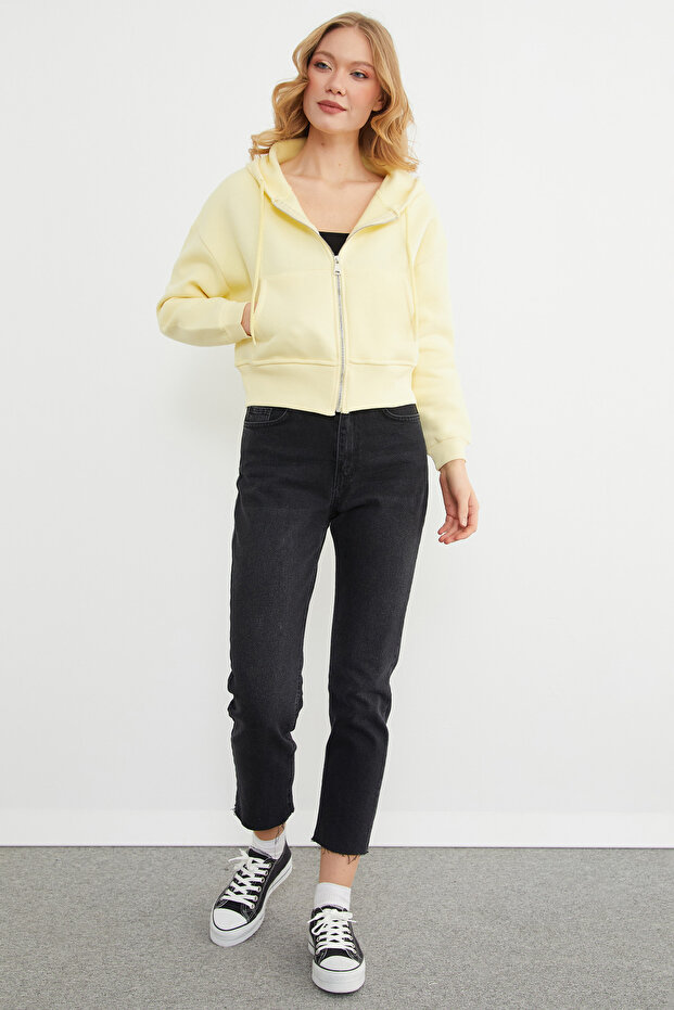 Basic Fermuarlı Kapüşonlu Crop Sweatshirt - 5