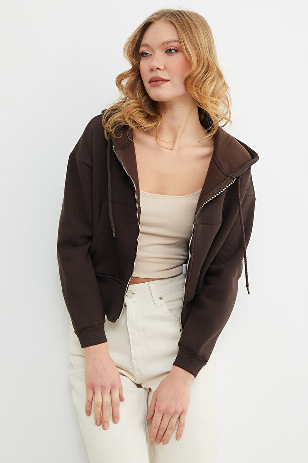 Basic Fermuarlı Kapüşonlu Crop Sweatshirt - 5