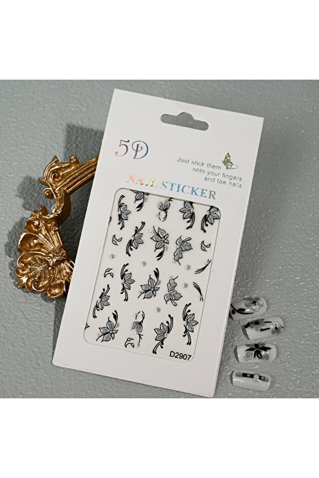 NKS329-07 1Pcs 5D Glitter Silver Black Flowers&Belt Nail Art Stickers Spring Summer Floral Adhesive