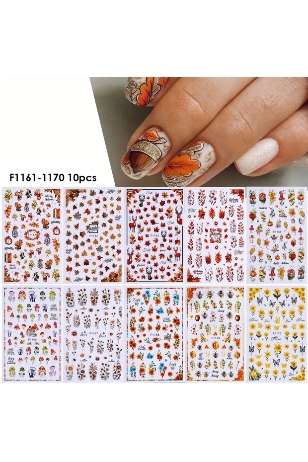 F1161-1170 10pcs 10pcs Autumn Winter Series Nail Decals Maple Leaves Pumpkin Deer Mushroom Stickers