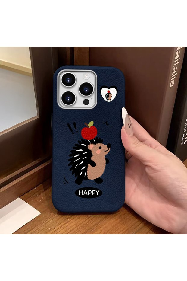 iPhone 14 Pro Compatible Blue Leather Textured Silicone Protects Camera Shock-Absorbing Case Hedgehog