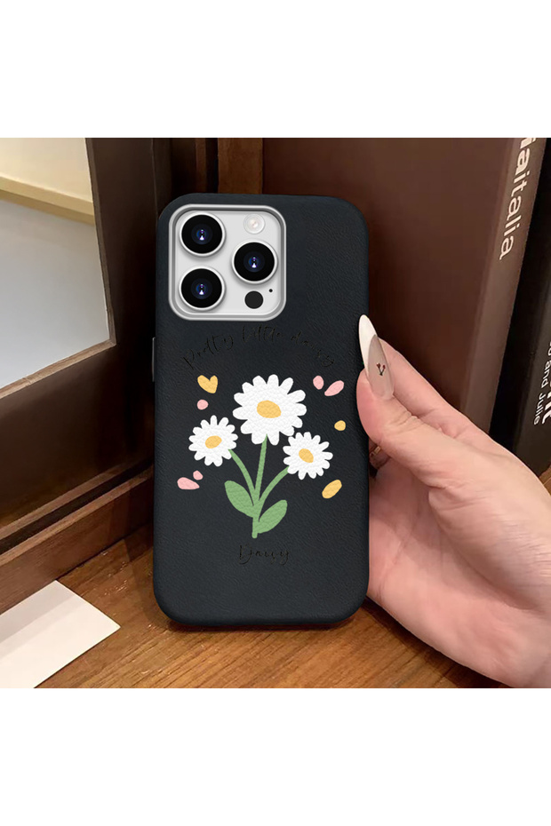 iPhone 15 Pro Max Compatible Black Leather Textured Silicone Protects Camera Shock-Absorbing Case Flower