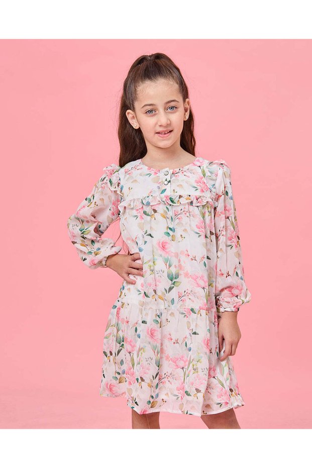 Girls White Floral Print Dress