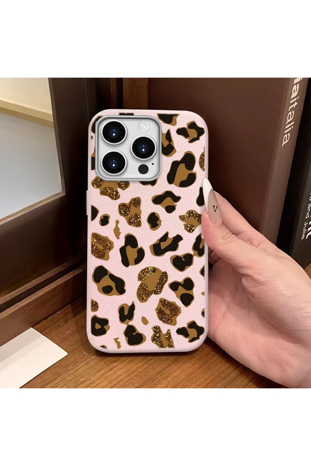 iPhone 15 Pro Max Compatible Pink Leather Textured Silicone Protects Camera Shock-Absorbing Case Leopard