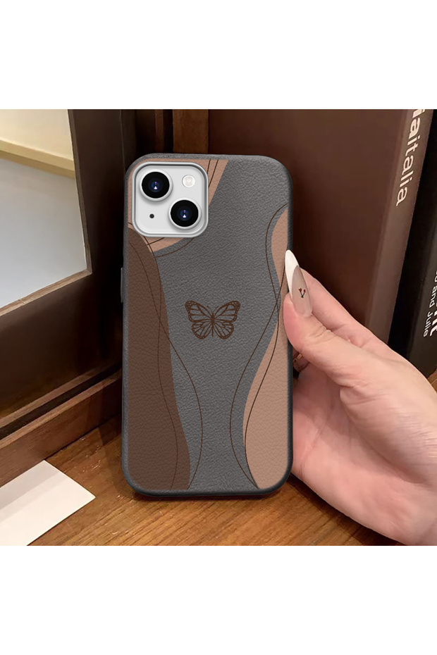 iPhone 15 Compatible Gray Leather Textured Silicone Protects Camera Shock-Absorbing Case Butterfly