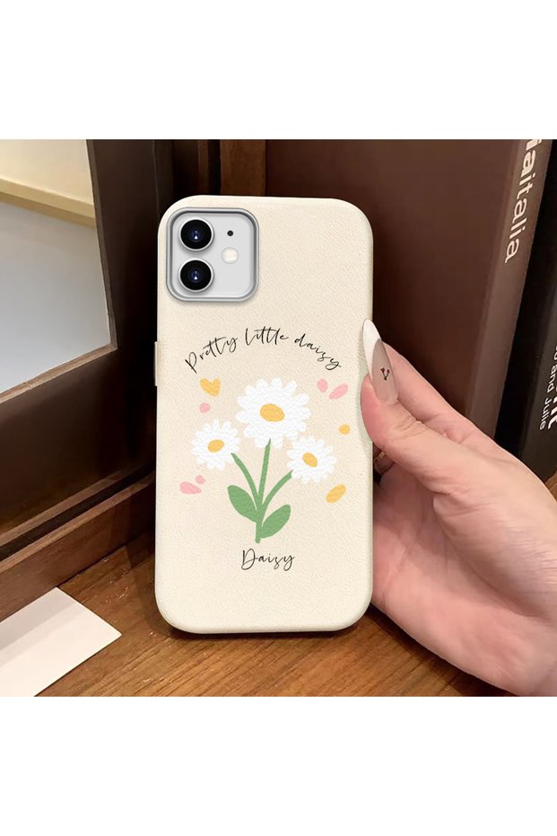 iPhone 11 Compatible White Leather Textured Silicone Protects Camera Shock-Absorbing Case Flower