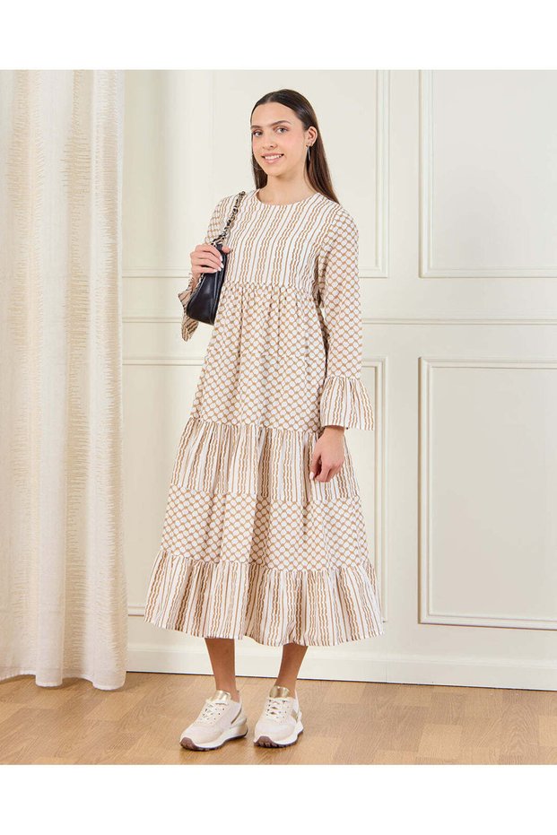 Senior Girls Beige Printed Maxi Dress