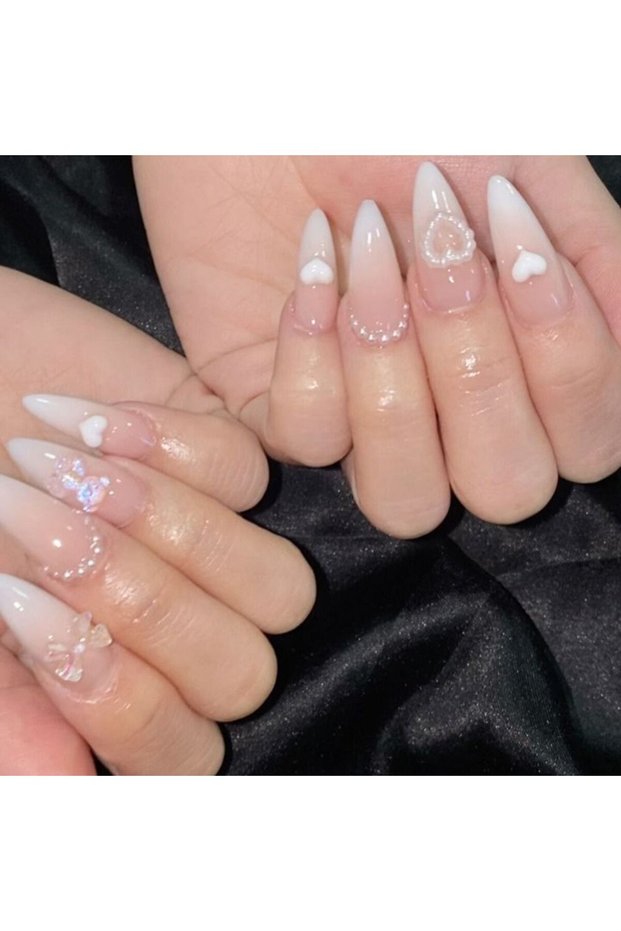 JP2751 24pcs Long Almond False Nails French Pearl Love Heart Bow Press on Nails Fake Nails DIY Manic