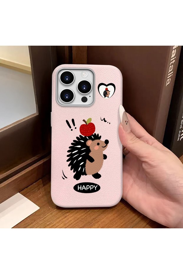 iPhone 15 Pro Max Compatible Pink Leather Textured Silicone Protects Camera Shock-Absorbing Case Hedgehog