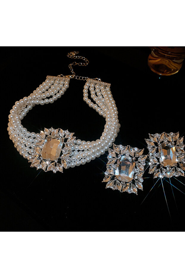 Set 2 Pcs Rhinestones Square Leaf Multi-layer Necklaces Europe American Exaggerated Chokers Necklace
