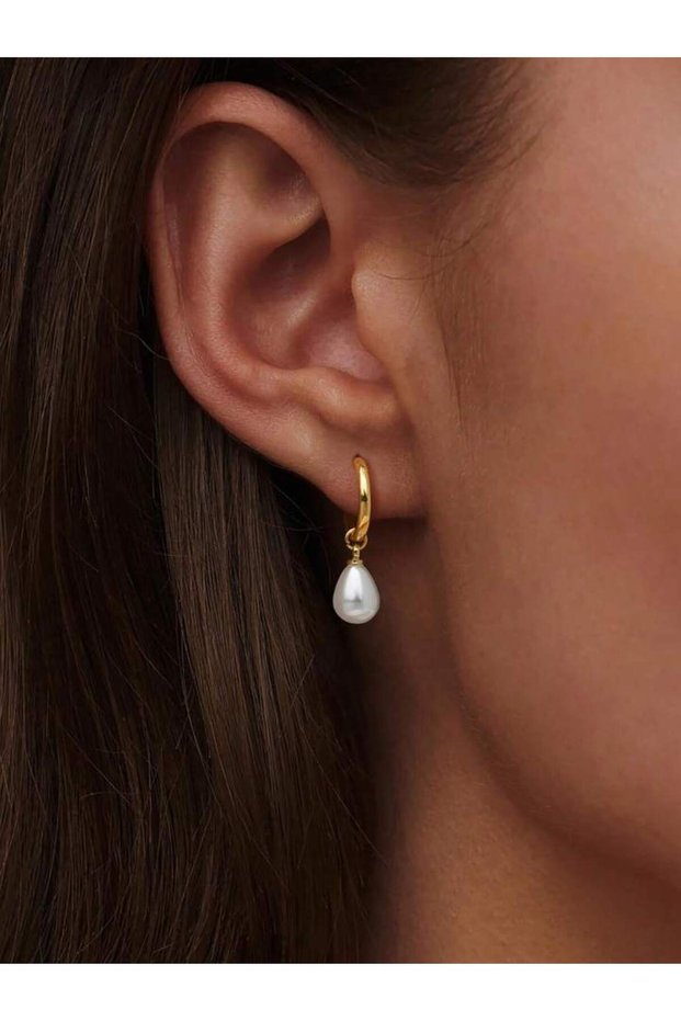 Gold 1 Pair Stainless Steel Waterproof And Non-Fading Stylish Women's Water Droplet Pearl Hoop Earri
