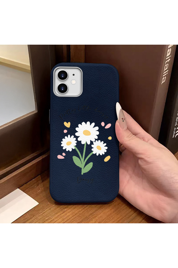iPhone 12/12 Pro Compatible Blue Leather Textured Silicone Protects Camera Shock-Absorbing Case Flower