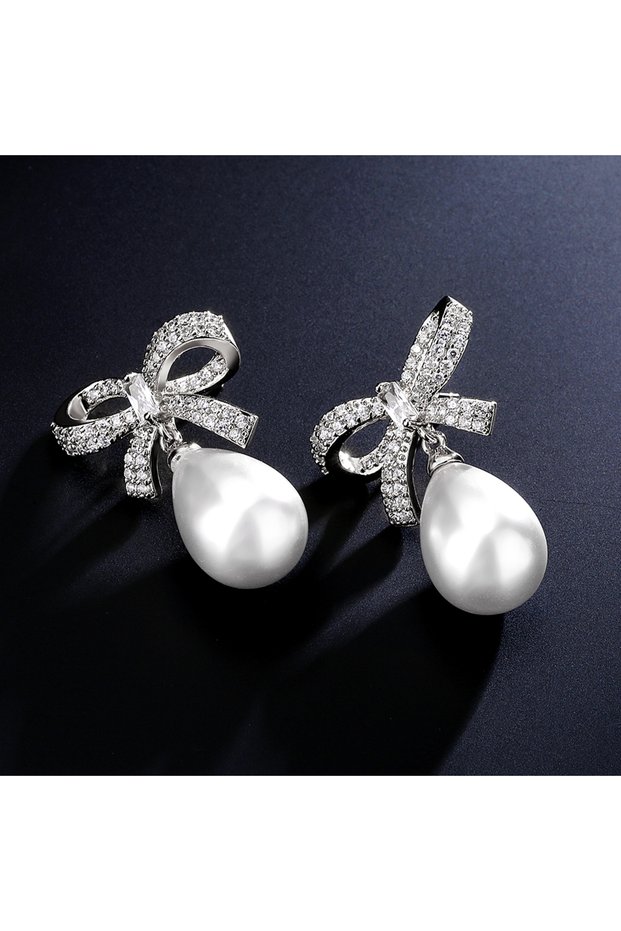 White ZAKOL Brand Zircon Bow Pearl Drop Dangle Earrings for Women Elegant Bridal Wedding Party Jewel