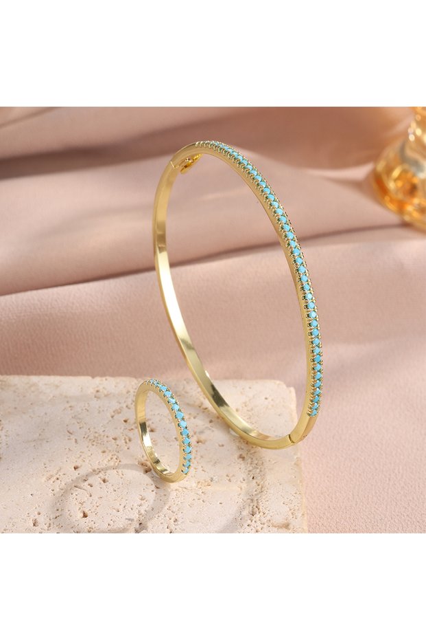 8 Bracelet and Ring ZAKOL New Trendy Blue Turquoise Round CZ Zircon Inlaid Bracelet Rings Set for Wo