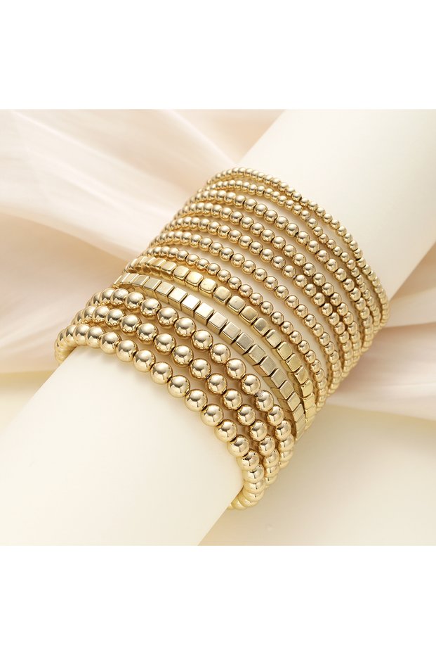 AYAGold 12pcs/set Vintage Punk Handmade Block Ball Beaded Bracelets for Women Gold Color Stretchy Br