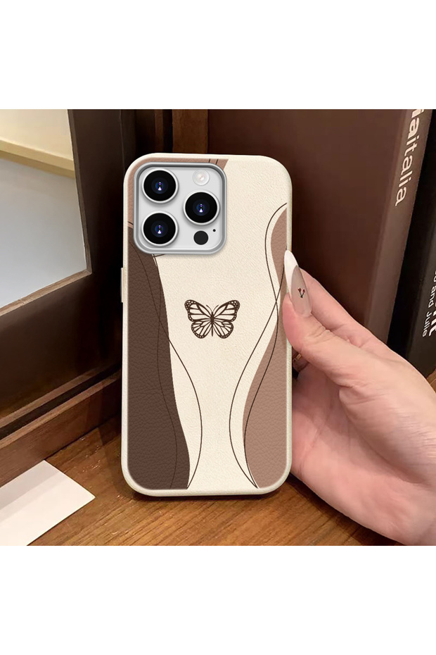 iPhone 15 Pro Compatible White Leather Textured Silicone Protects Camera Shock-Absorbing Case Butterfly