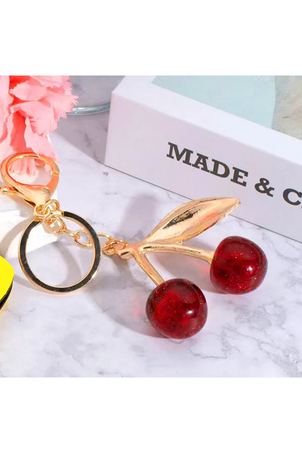 Red Ladies' Red Cherry Keychain, Gold Chain Paired with Red Cherries, Fashionable Backpack and Bag D