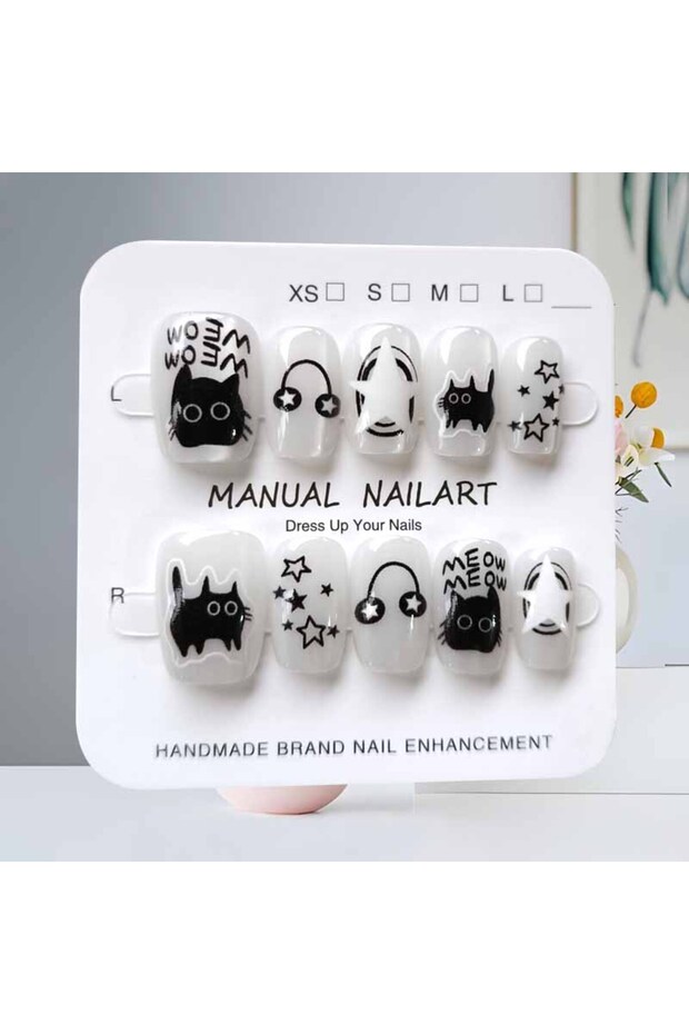 Style 4-S 10Pcs Cute Cartoon Black Cat Blue Gray Geometry Handmade Press on Nails Square Head Nail P
