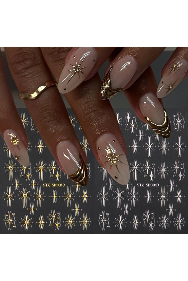 STZ-5D3017GoldSilver 2pcs Chrome Y2K Golden Silvery Star With Rhinestones 3D Nail Art Stickers Decal