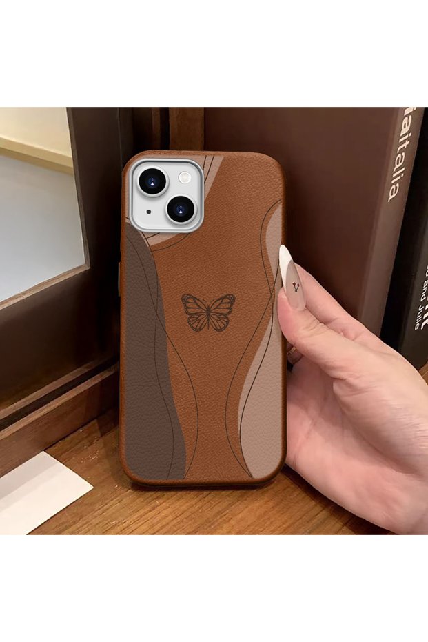 iPhone 14/13 Compatible Brown Leather Textured Silicone Protects Camera Shock-Absorbing Case Butterfly