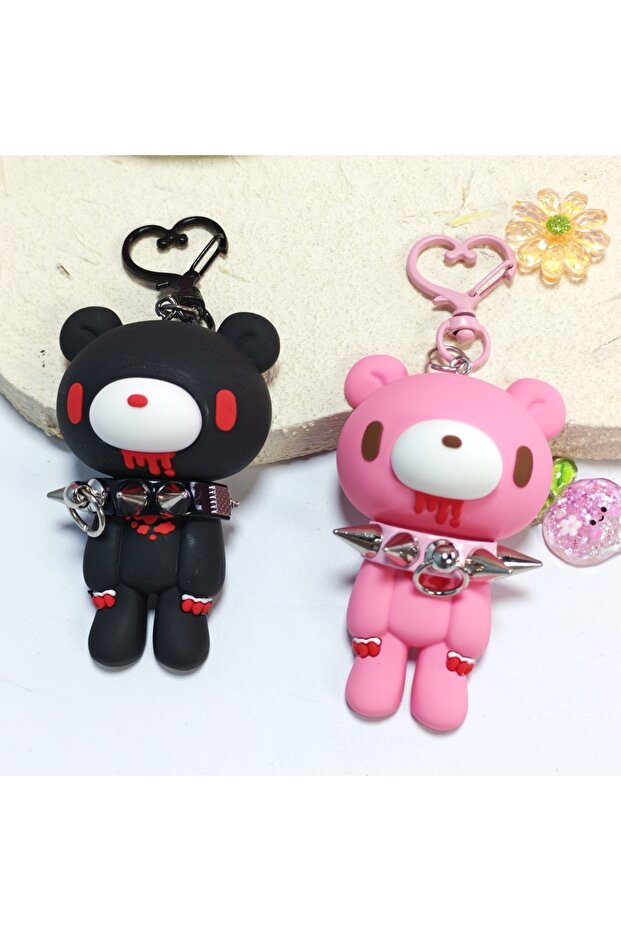 Black and Pink Demon Bear Keychains:Cute Punk Bag Charms with Spiked Collars,Unique Evil Teddy Trink