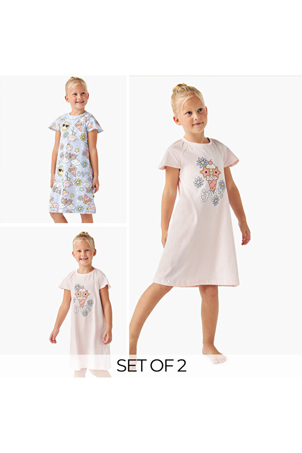 Printed Night Dress with Short Sleeves - Set of 2