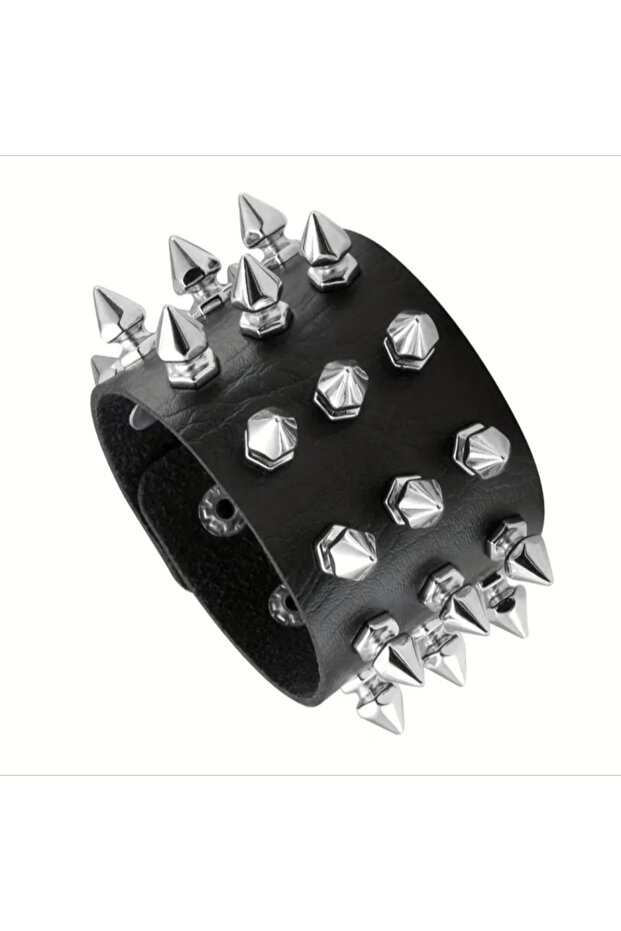 3PAI PU Leather Studded Bracelet Punk Spike Rivets Cuff Black Wristband Bracelet For Rock-Themed Eve