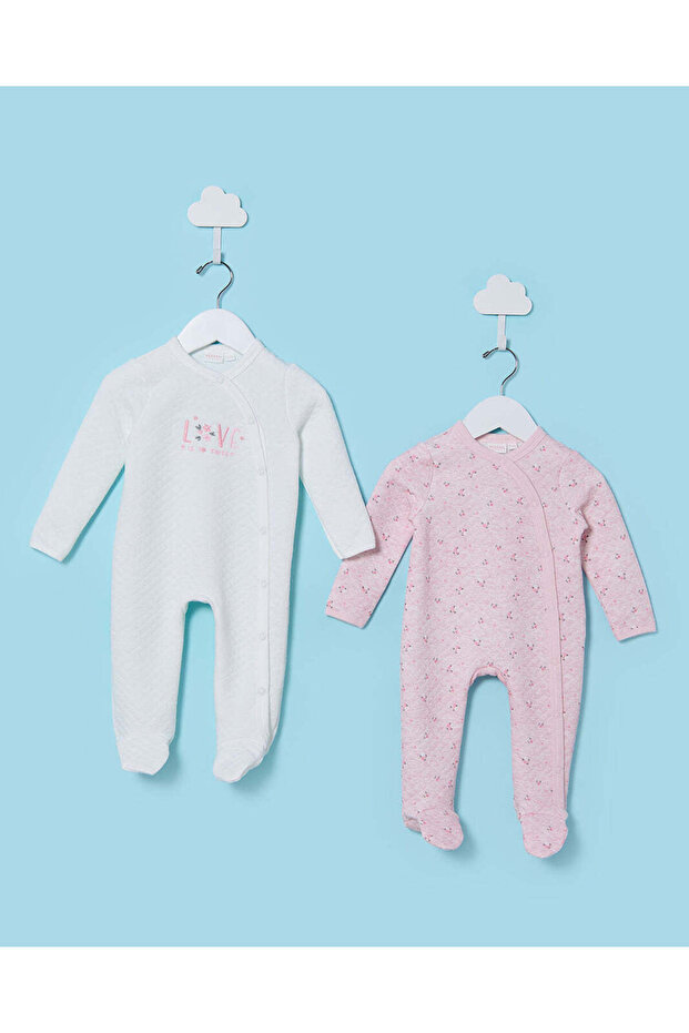 Baby White And Pink Jacquard Sleepsuit Set (2 Piece)