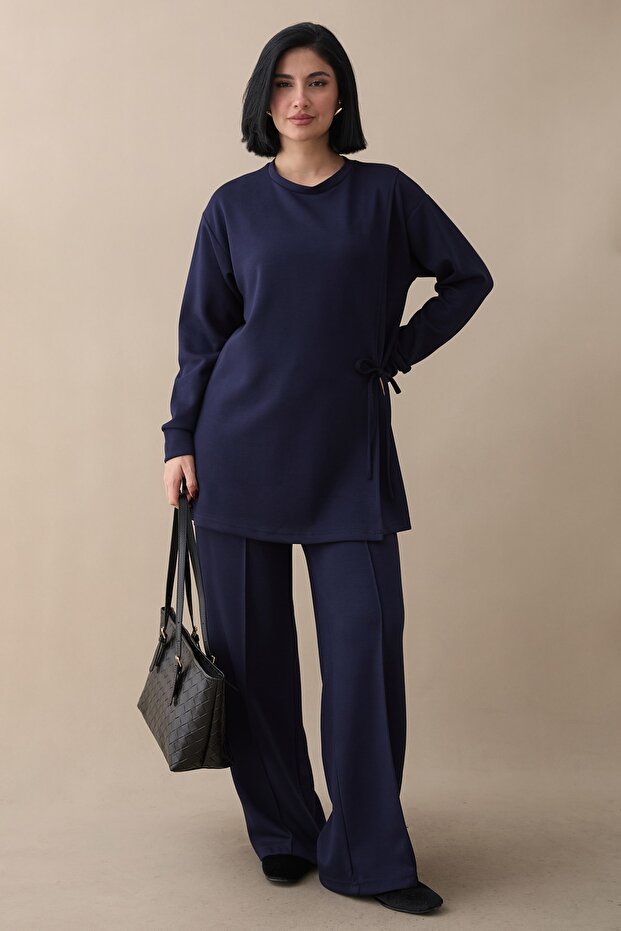 Slit Navy Blue Modal Suit with Tie