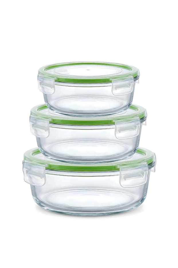 3-Piece Mixed Round Glass Container Set - 370ml, 620ml, 950ml Airtight Leak-Proof Jars