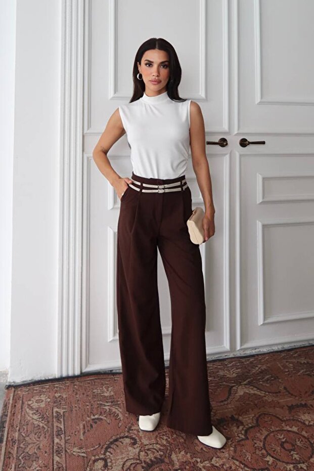 Brown Double Belted Palazzo Trousers Vs01377